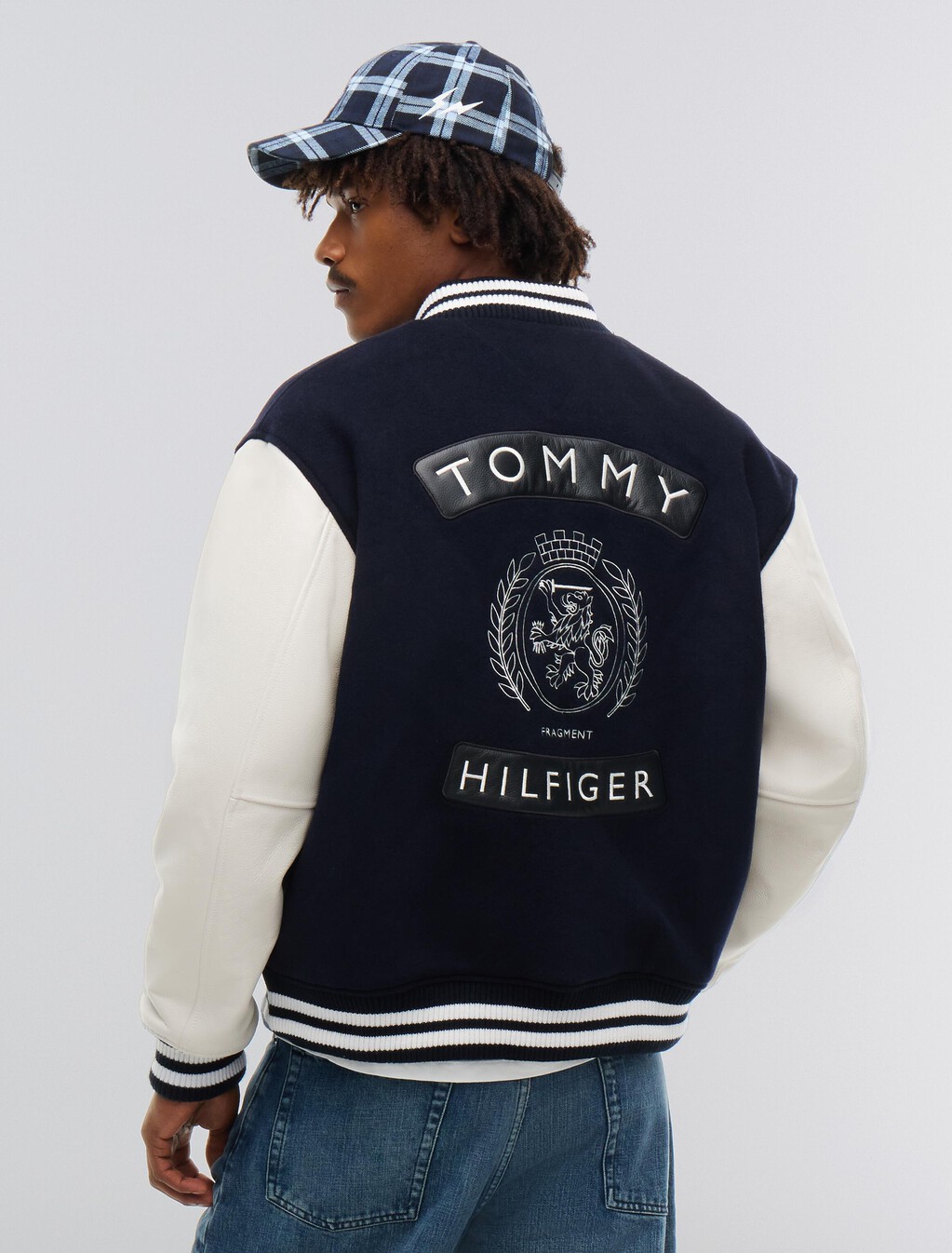Tommy Hilfiger x FRGMT Pebble Grain Leather Varsity Jacket, Navy Blue / Ecru, hi-res