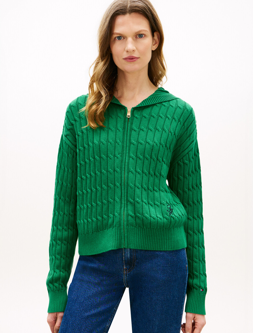 Cable Knit Zip Thru Hoodie, Nouveau Green, hi-res
