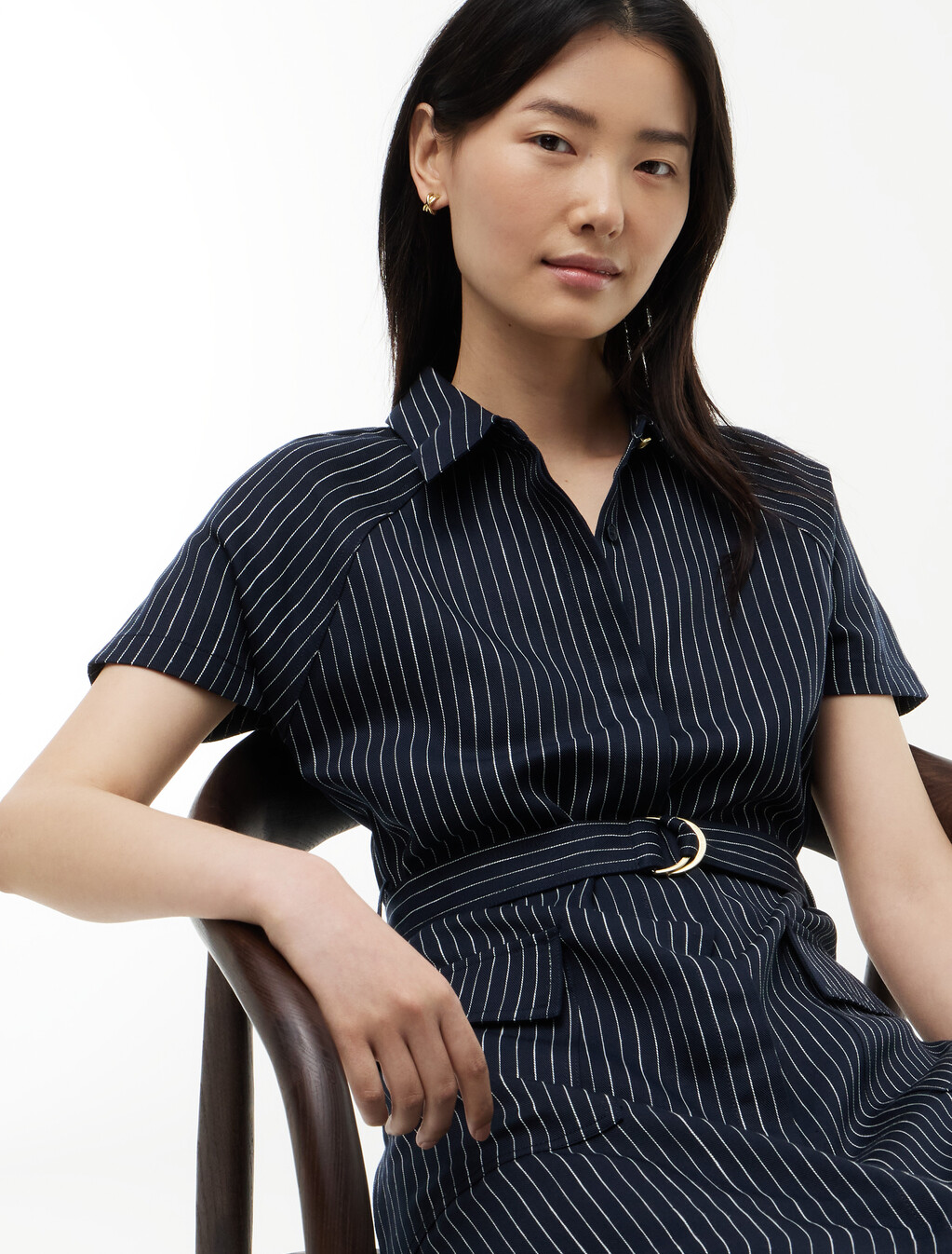 Stripe Belted Shirt Dress With Linen, Blue Stripe 15, hi-res
