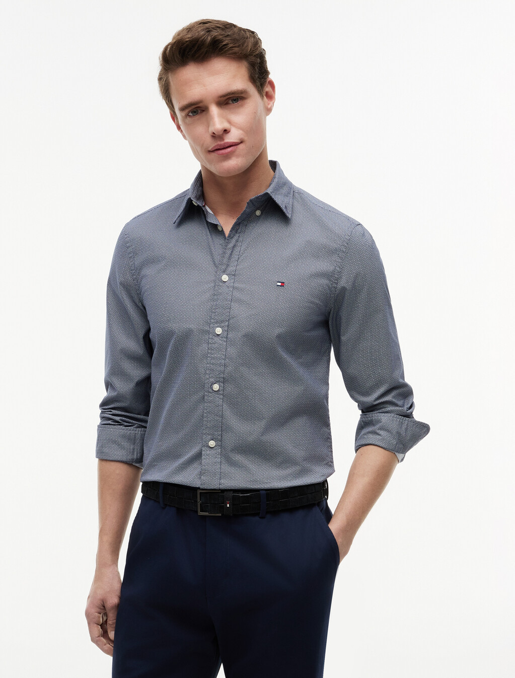 Slim Flex Micro Print Poplin Shirt, Carbon Navy / Allover, hi-res