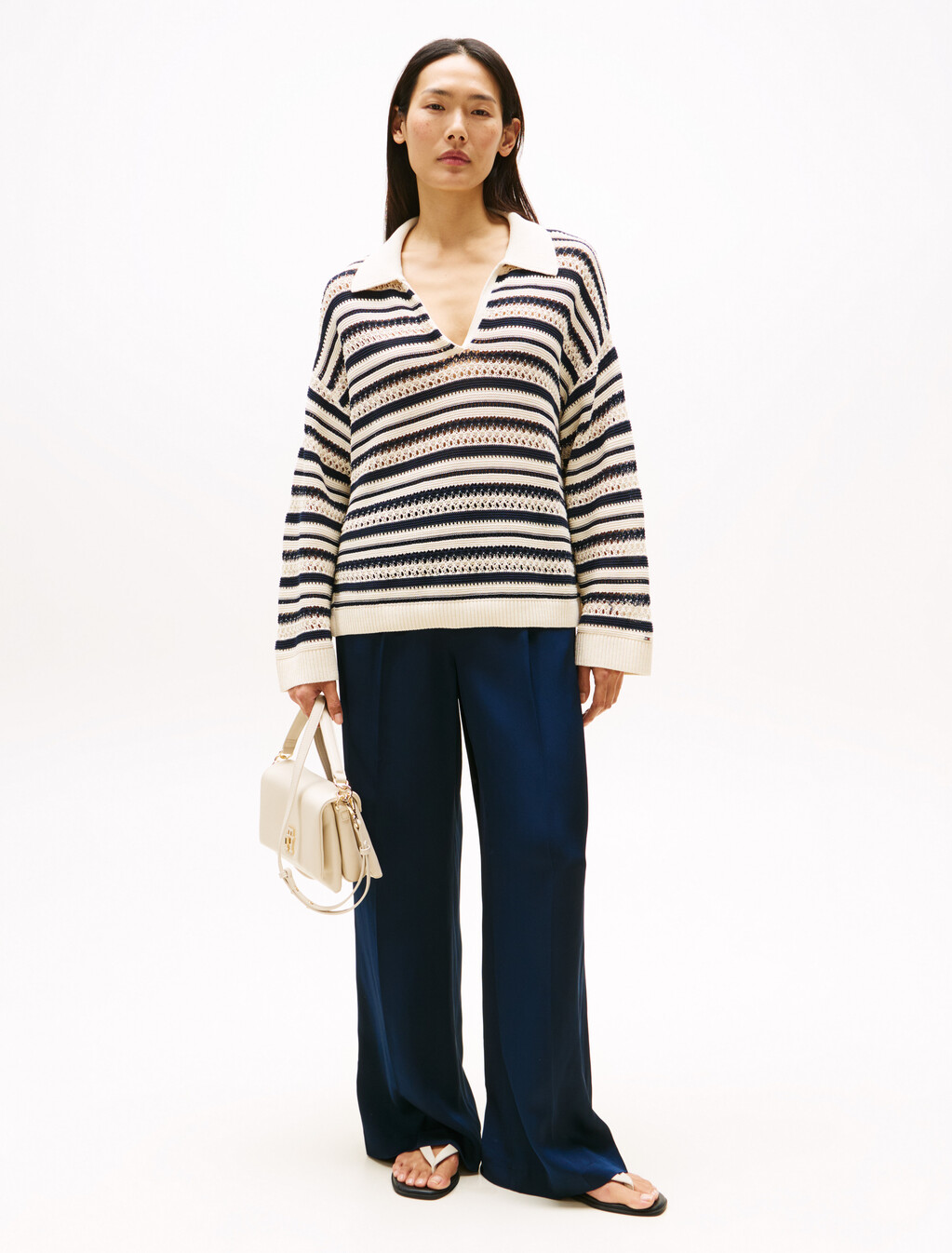 Crochet Relaxed Polo Sweater, Desert Sand Dune/Dark N N Stp, hi-res