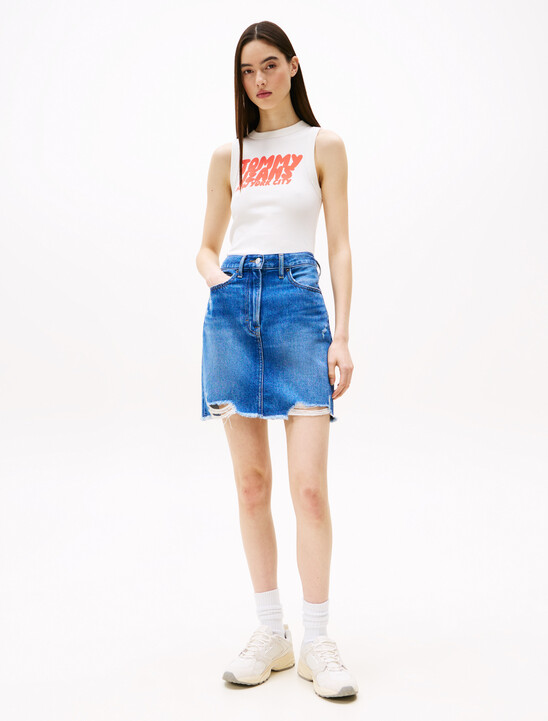 Distressed Denim Mini Mom Skirt