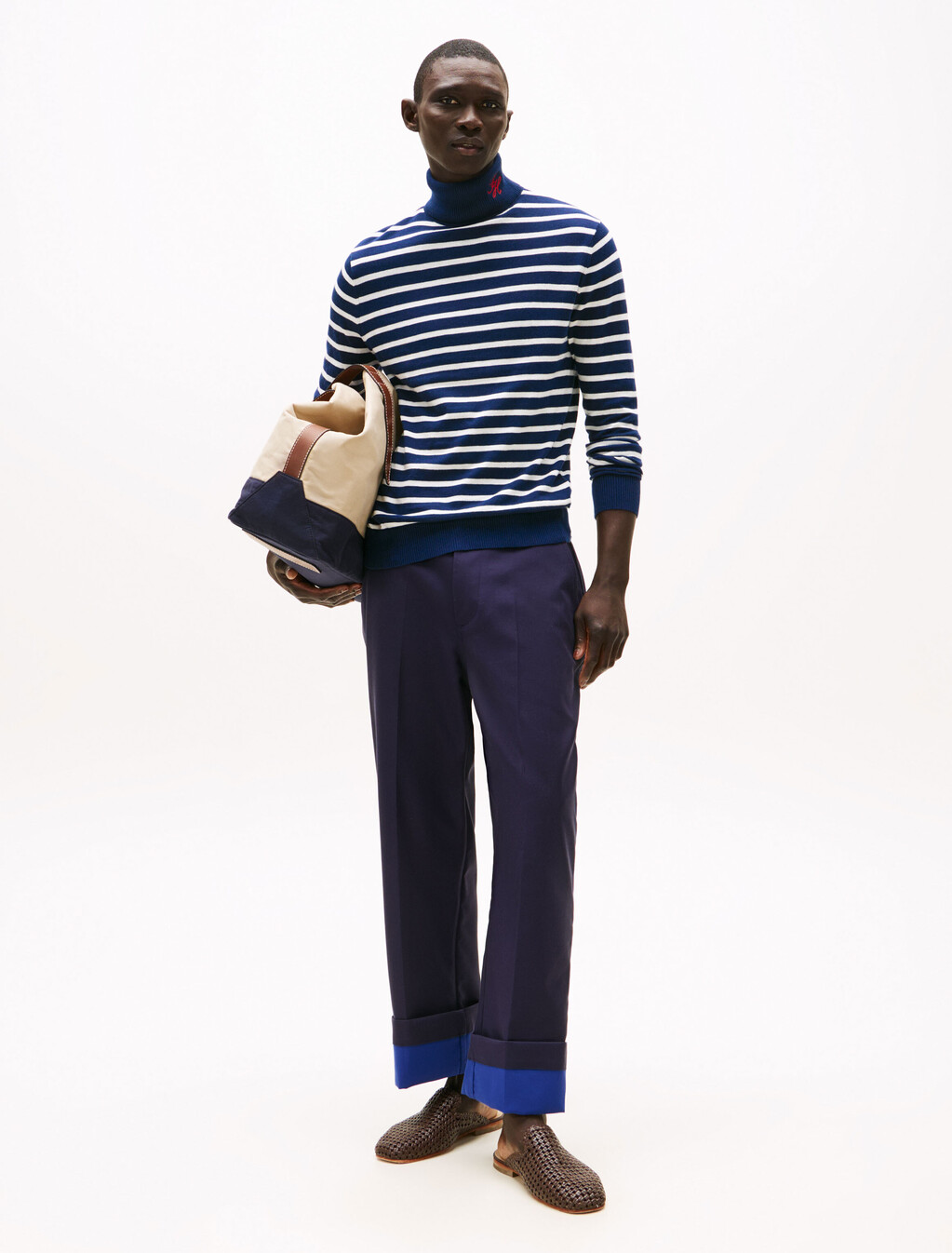 The Runway Collection Turtleneck Jumper With Cashmere, Carbon Navy / Ecru Stripe, hi-res
