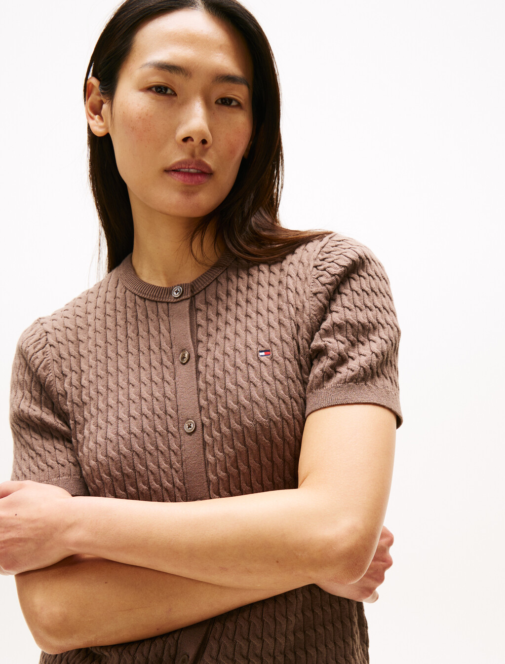 Cable Knit Round Neck Cardigan, Hot Coco, hi-res