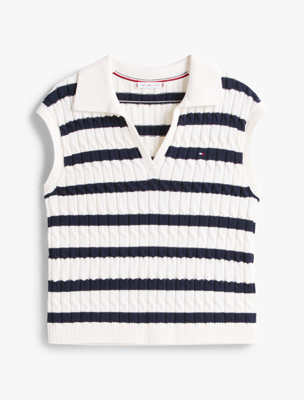 Cable Knit Open Polo Vest, Ivory Silk/Dark Night Navy Stp, hi-res