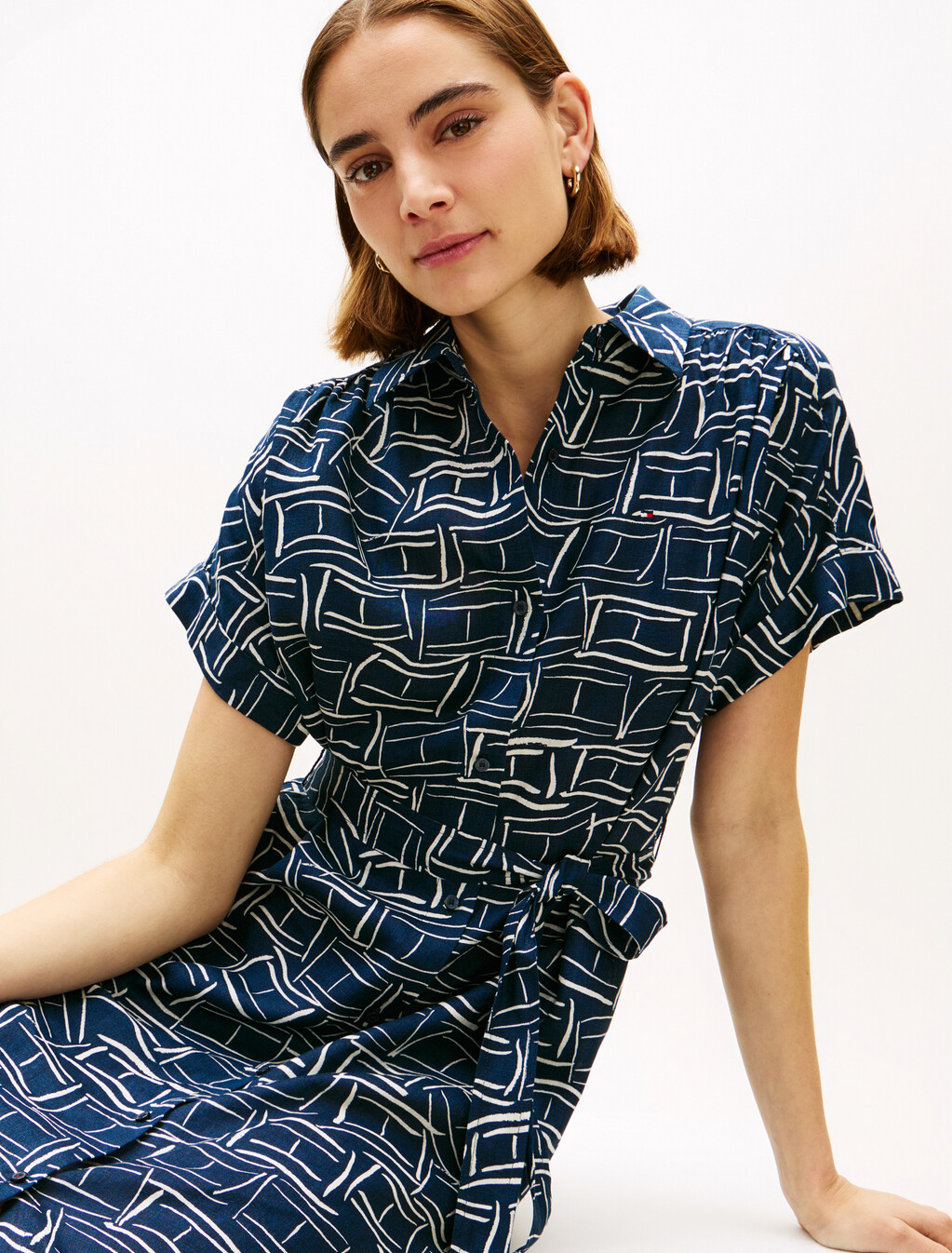 Linen Belted Short Sleeve Knee Length Shirt Dress, Flag Feathers Dark Night Navy, hi-res