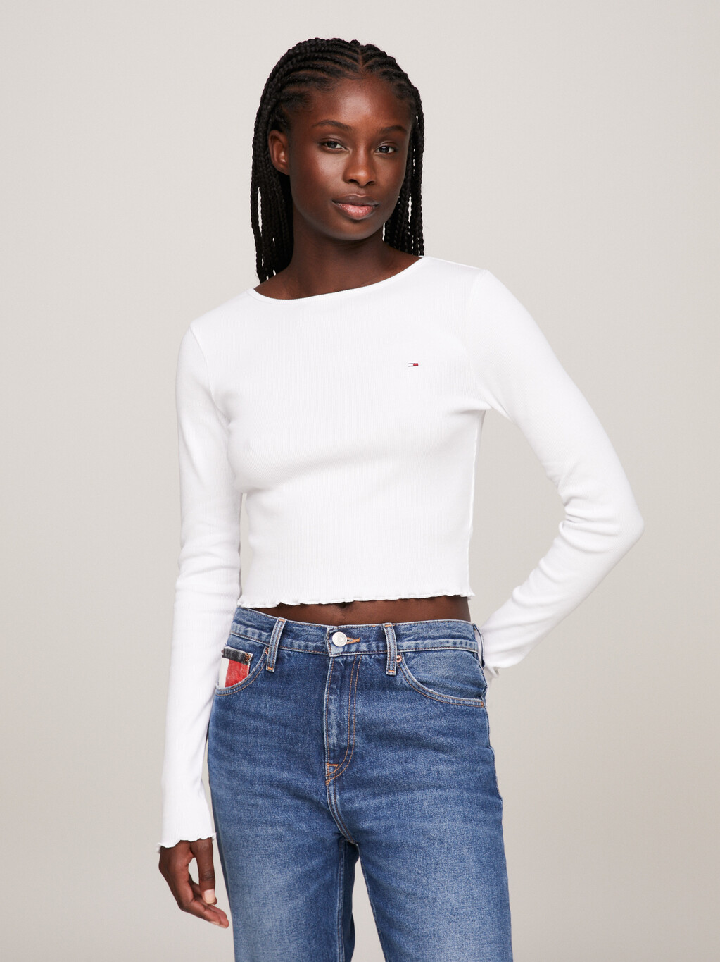 Ruffle Cropped Fit Long Sleeve T-Shirt, White, hi-res