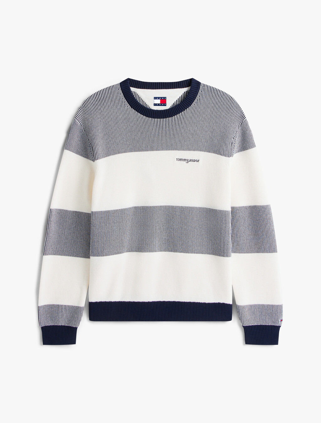 Textured Stripe Script Logo Sweater, Dark Night Navy Stripe, hi-res