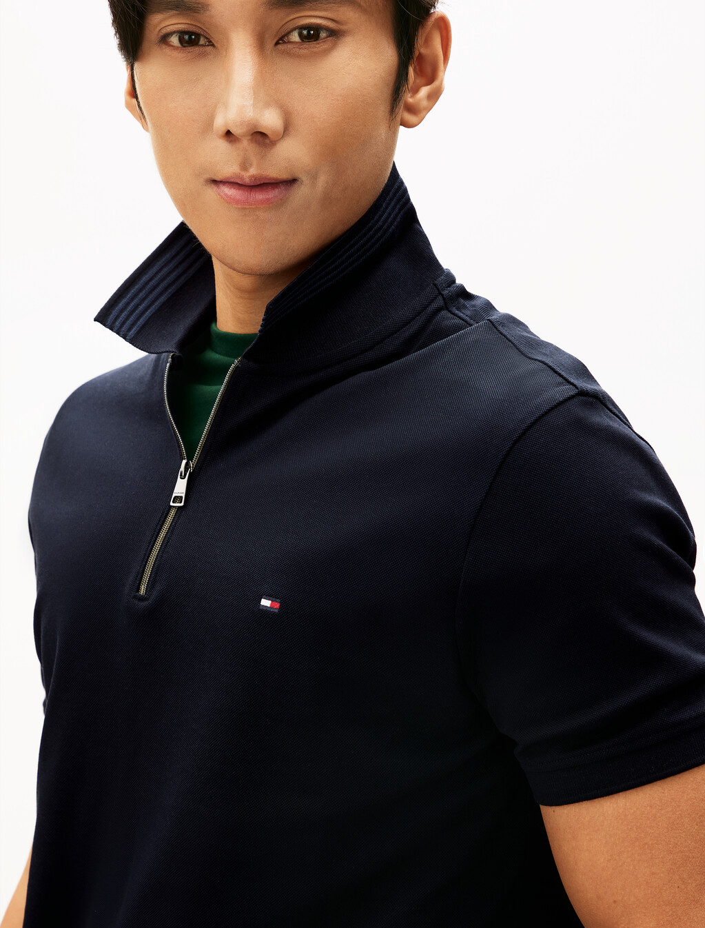 Mercerized Pique Zip Up Polo, Desert Sky, hi-res