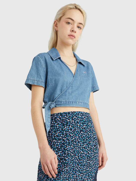 CHAMBRAY CROPPED SHORT SLEEVE WRAP SHIRT