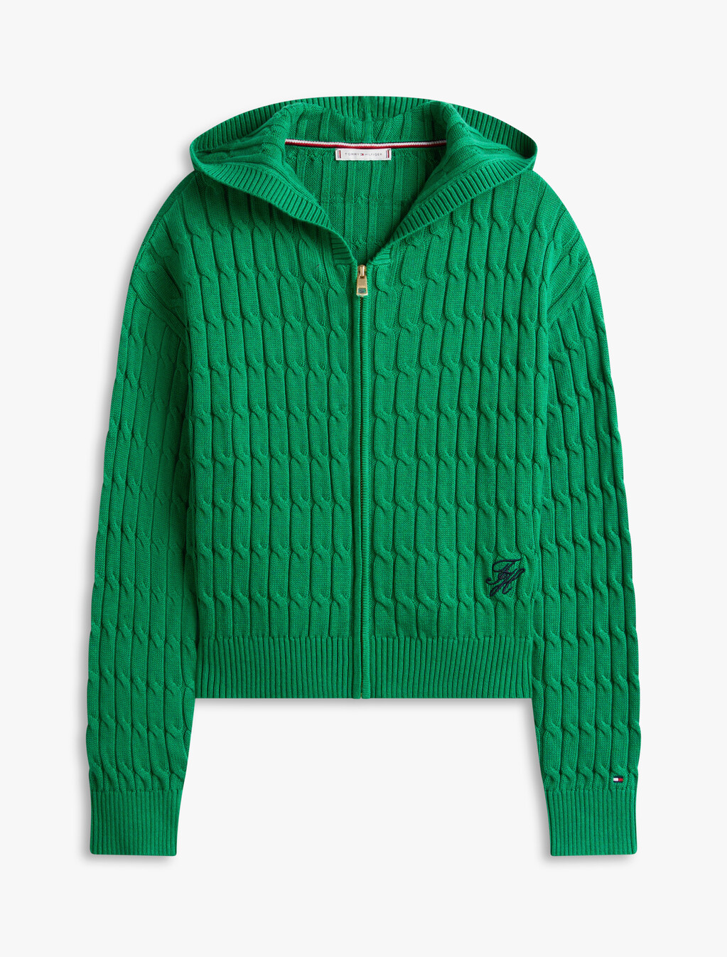 Cable Knit Zip Thru Hoodie, Nouveau Green, hi-res