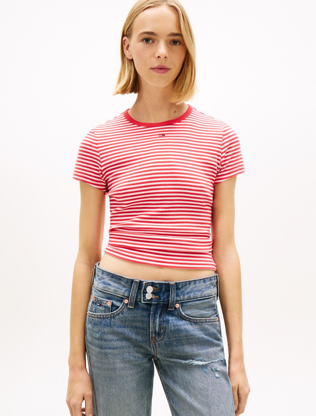 Essential Rib Knit Slim T-Shirt, Red / Stripe, hi-res