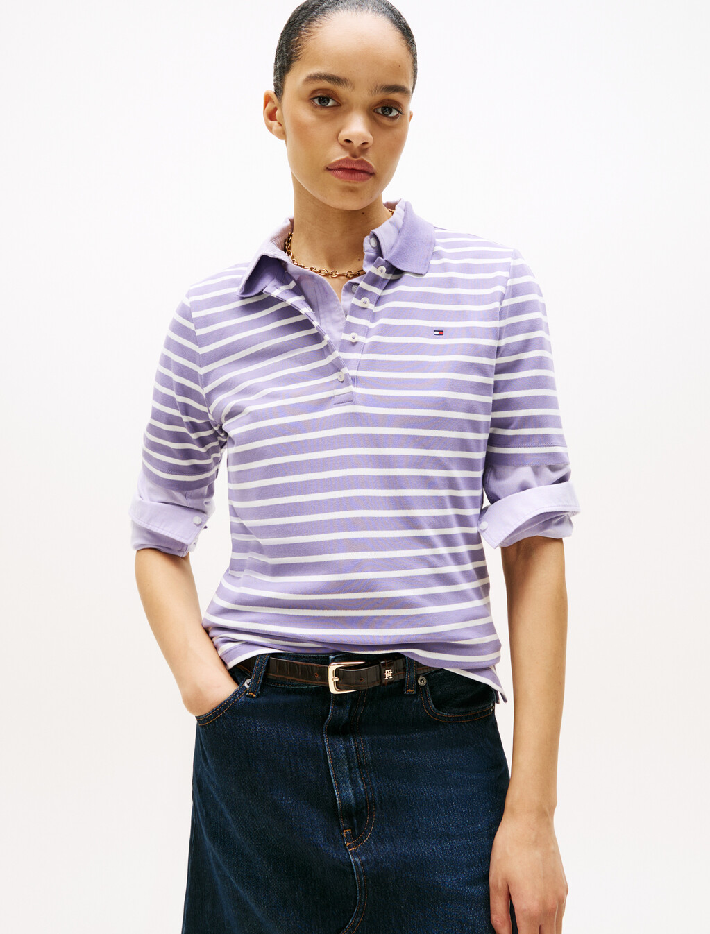 1985 Collection Flag Embroidery Regular Polo, Purple/ Ecru Stp, hi-res