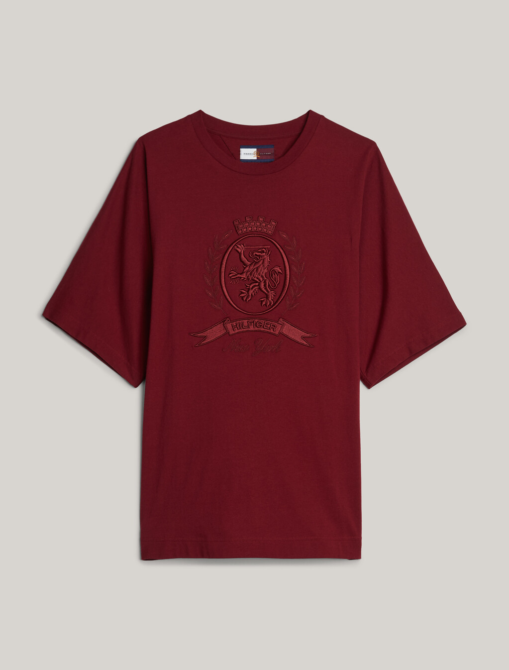 Crest Embroidery Kimono Sleeve Boxy T-Shirt, Rouge, hi-res