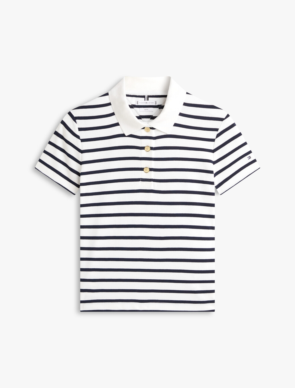Slim Fit Gold-Tone Button Polo Shirt, Breton Stp Ecru/Dark Night Navy, hi-res