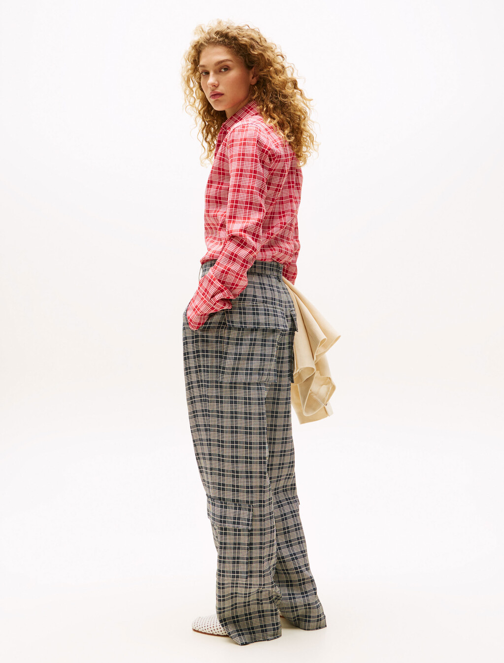 The Runway Collection Oversized Tailored Cargo Trousers, Navy Cream Check, hi-res