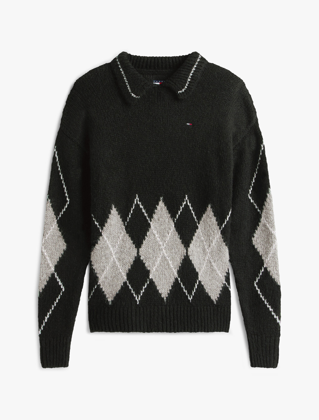 Argyle Oversized Polo Jumper With Alpaca, Black, hi-res