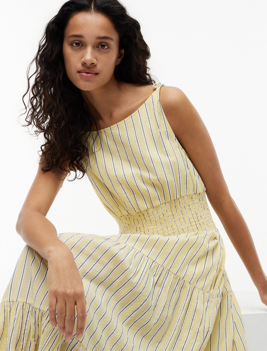 Self-Tie Strap Smock Midi Dress, Liquorice Stp Citronella, hi-res