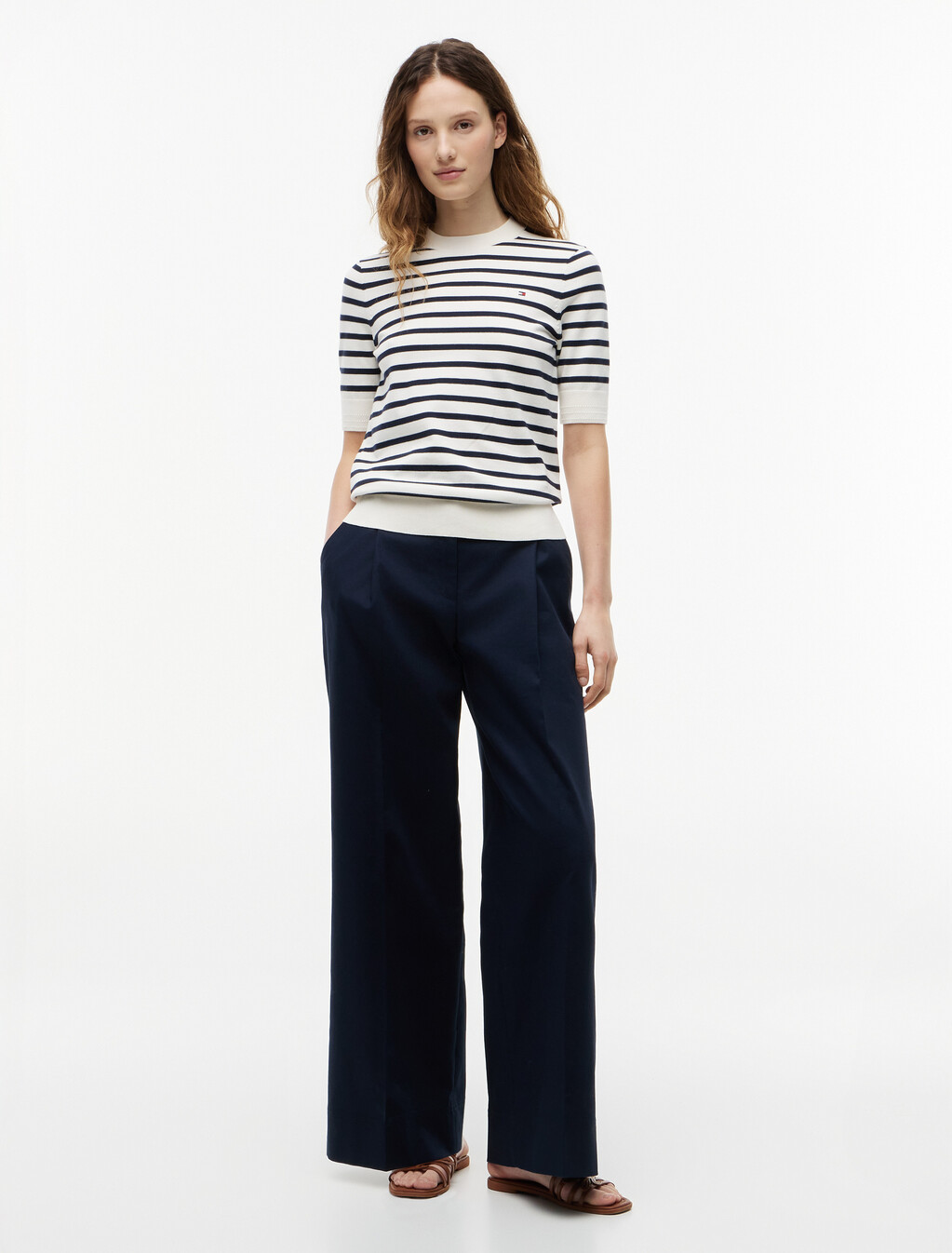 Fine Knit Jersey Short Sleeve Jumper, Ivory Petal/ Dark N Navy Breton Stp, hi-res