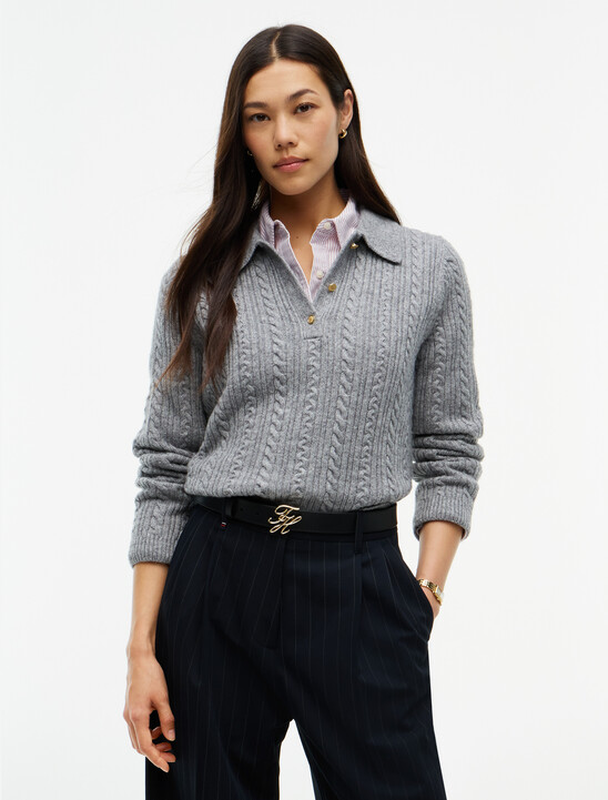 Wool Blend Cable Knit Polo Jumper