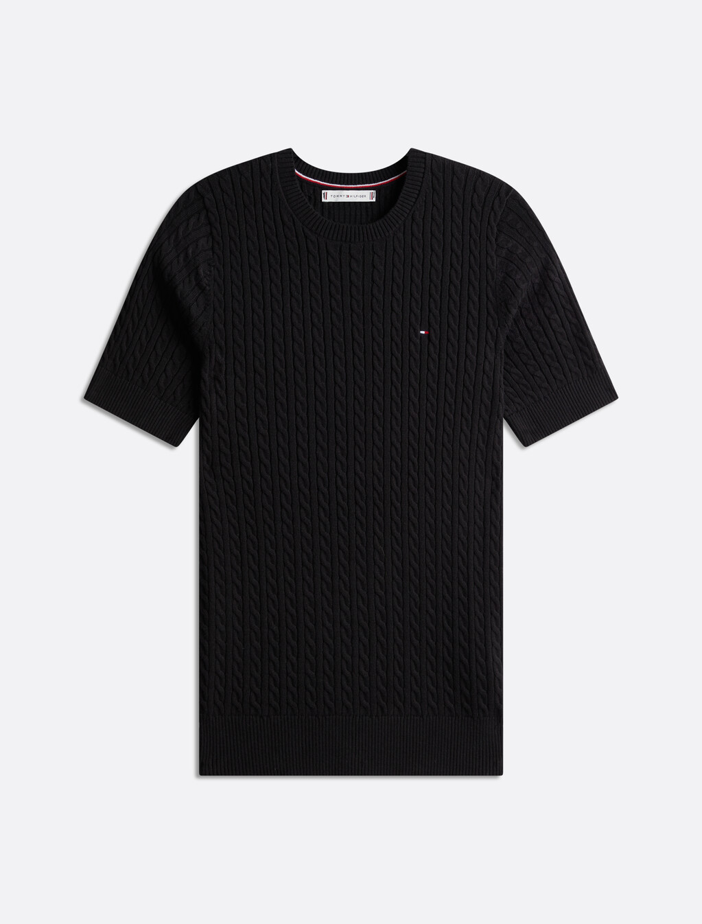 Cable Knit Short Sleeve Sweater, Black, hi-res