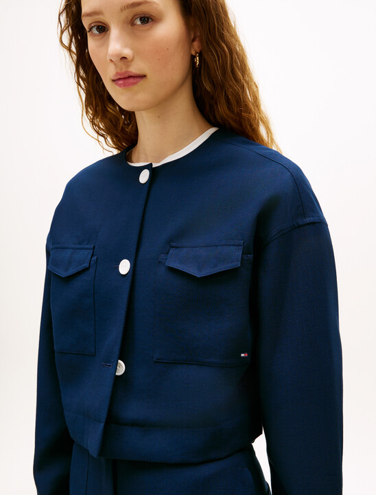 Tailored Collarless Boxy Short Utility Jacket