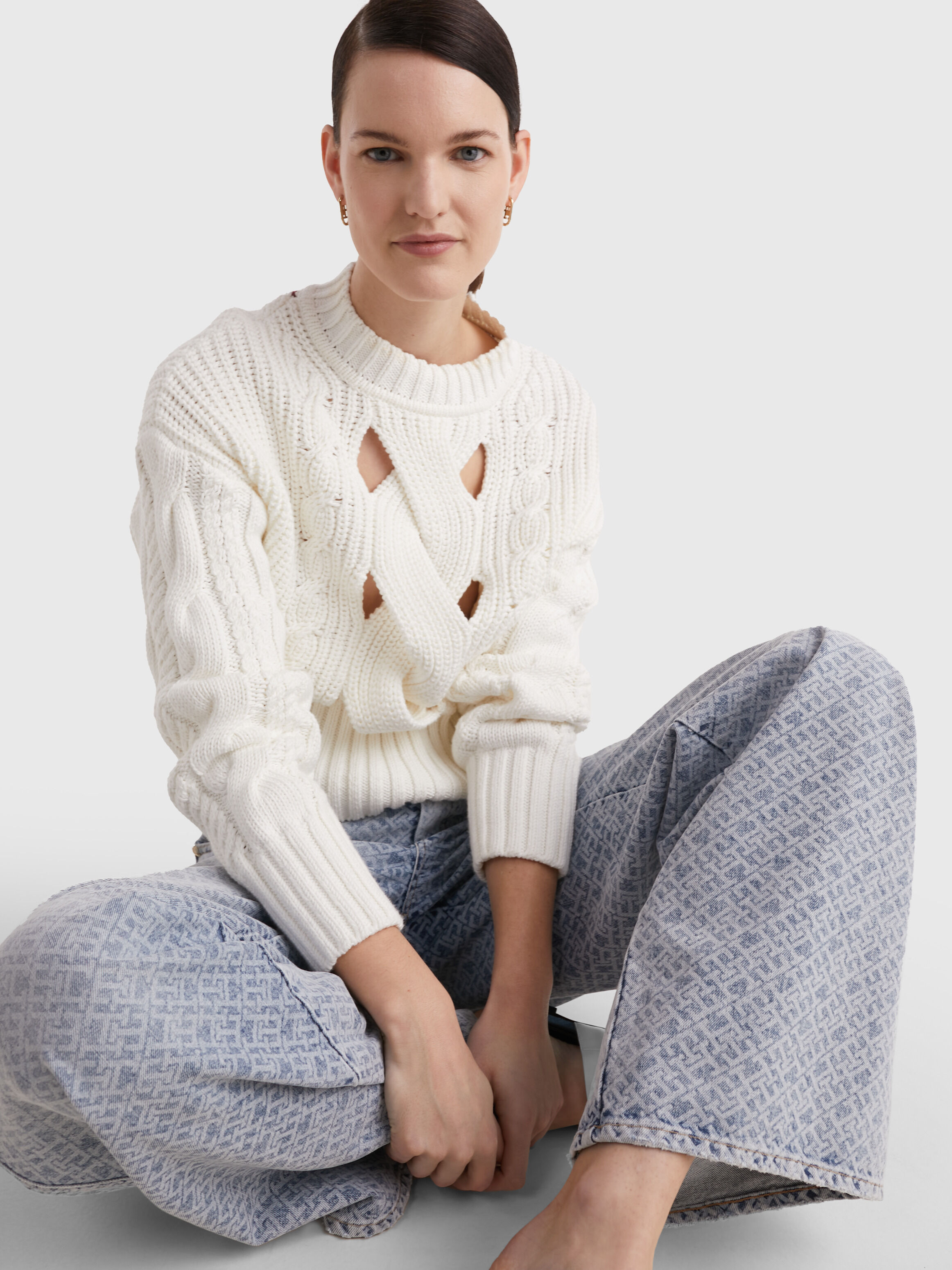 Cable Rib Knit Cut Out Jumper natural Tommy Hilfiger Singapore