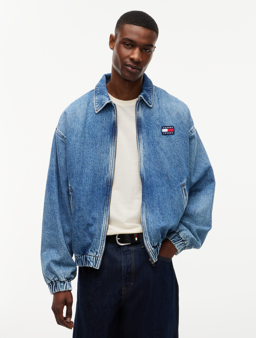 Faded Denim Relaxed Harrington Jacket, Denim Medium, hi-res