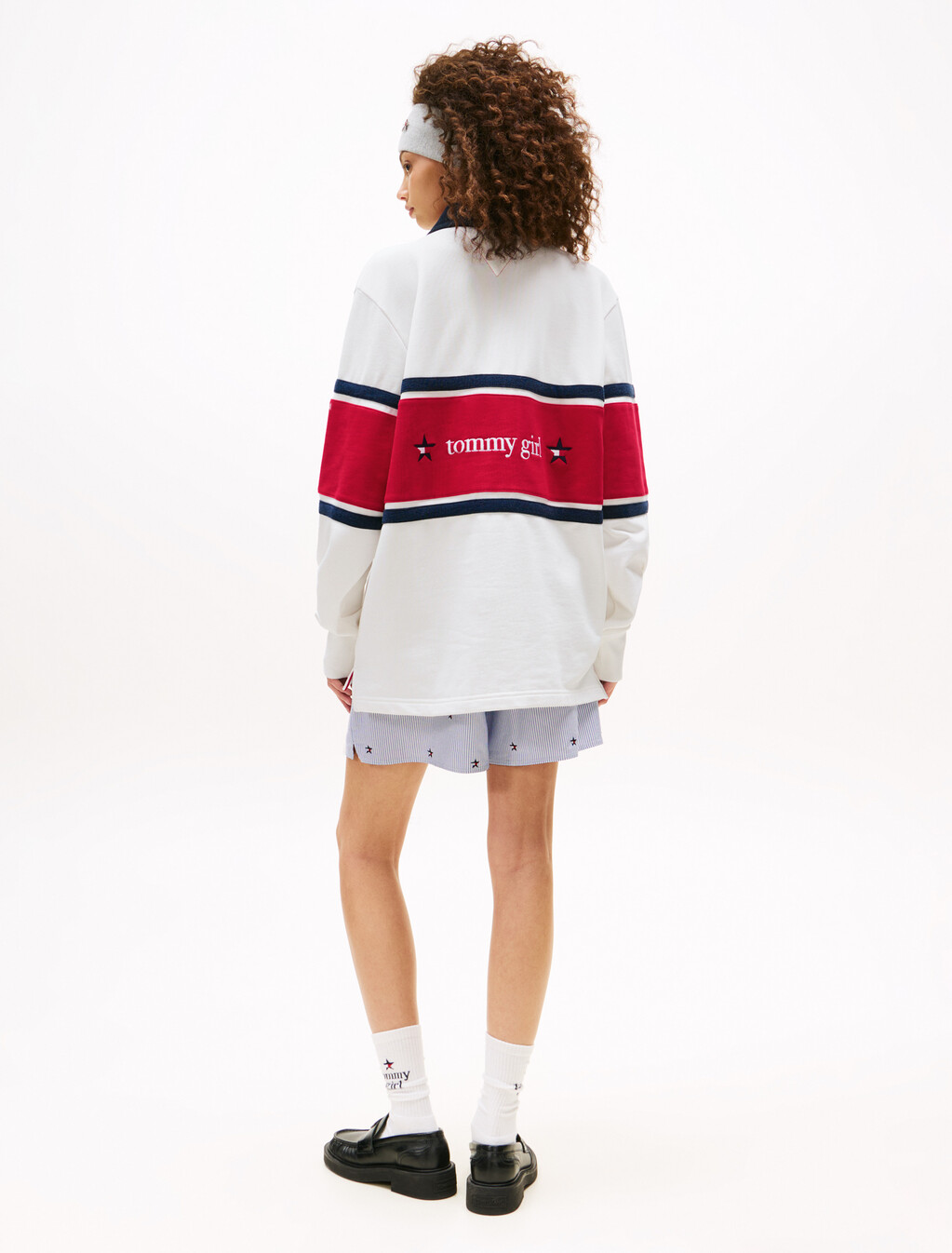 Tommy Girl Back Logo Relaxed Stripe Rugby Shirt, Ecru, hi-res