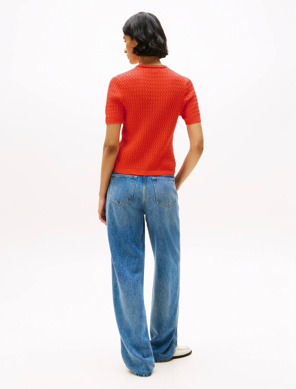 Cable Knit Round Neck Cardigan, Brilliant Orange, hi-res