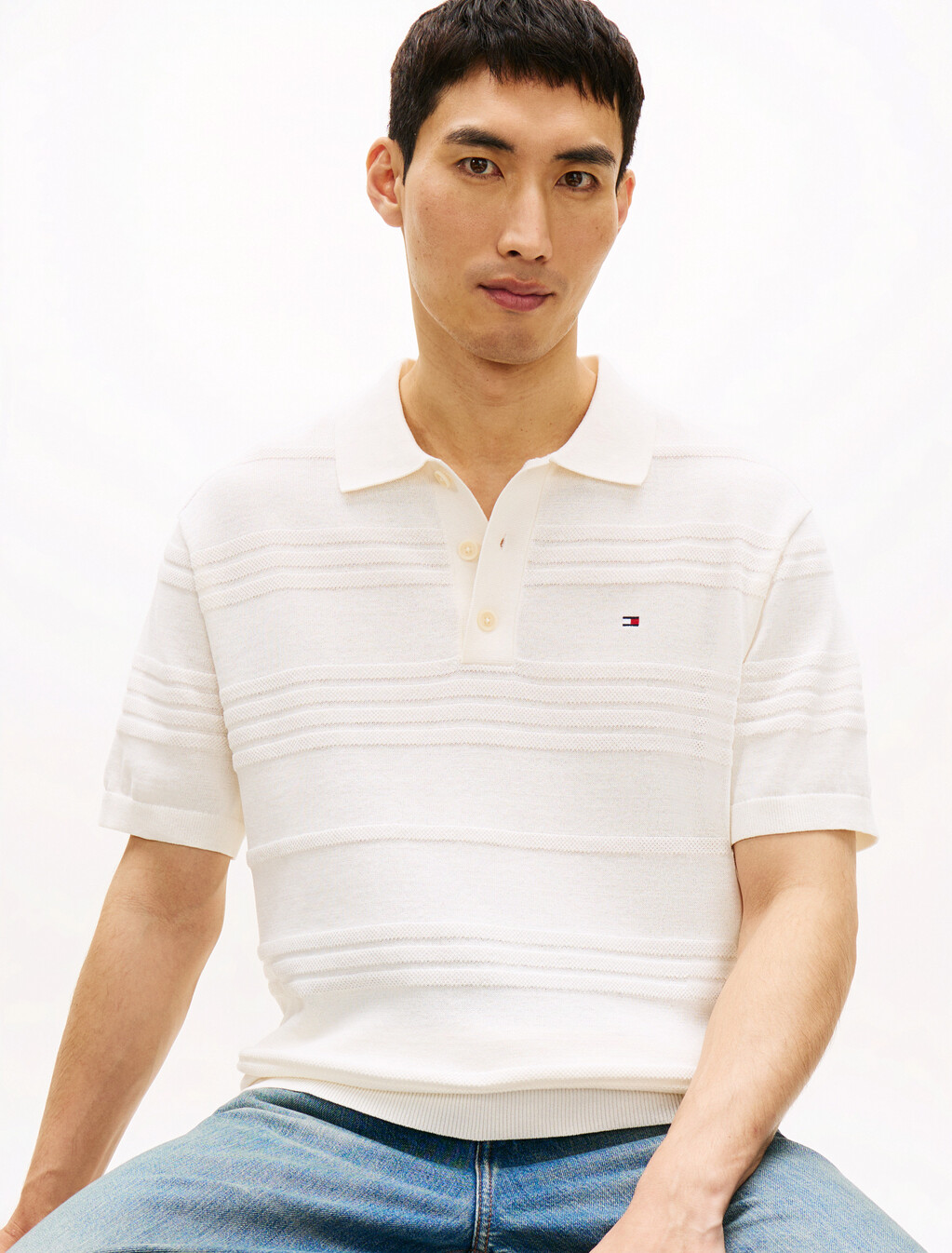 Cotton Blend Short Sleeve Polo, Ivory Petal, hi-res