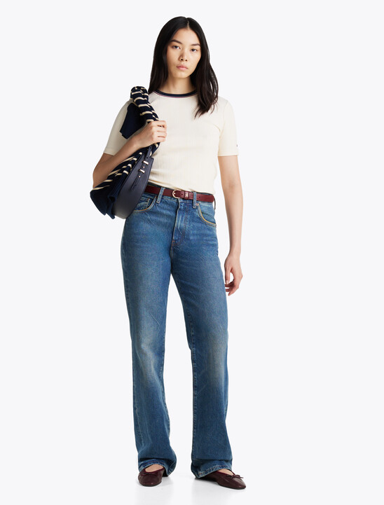 Rib-Knit Contrast Collar Slim T-Shirt