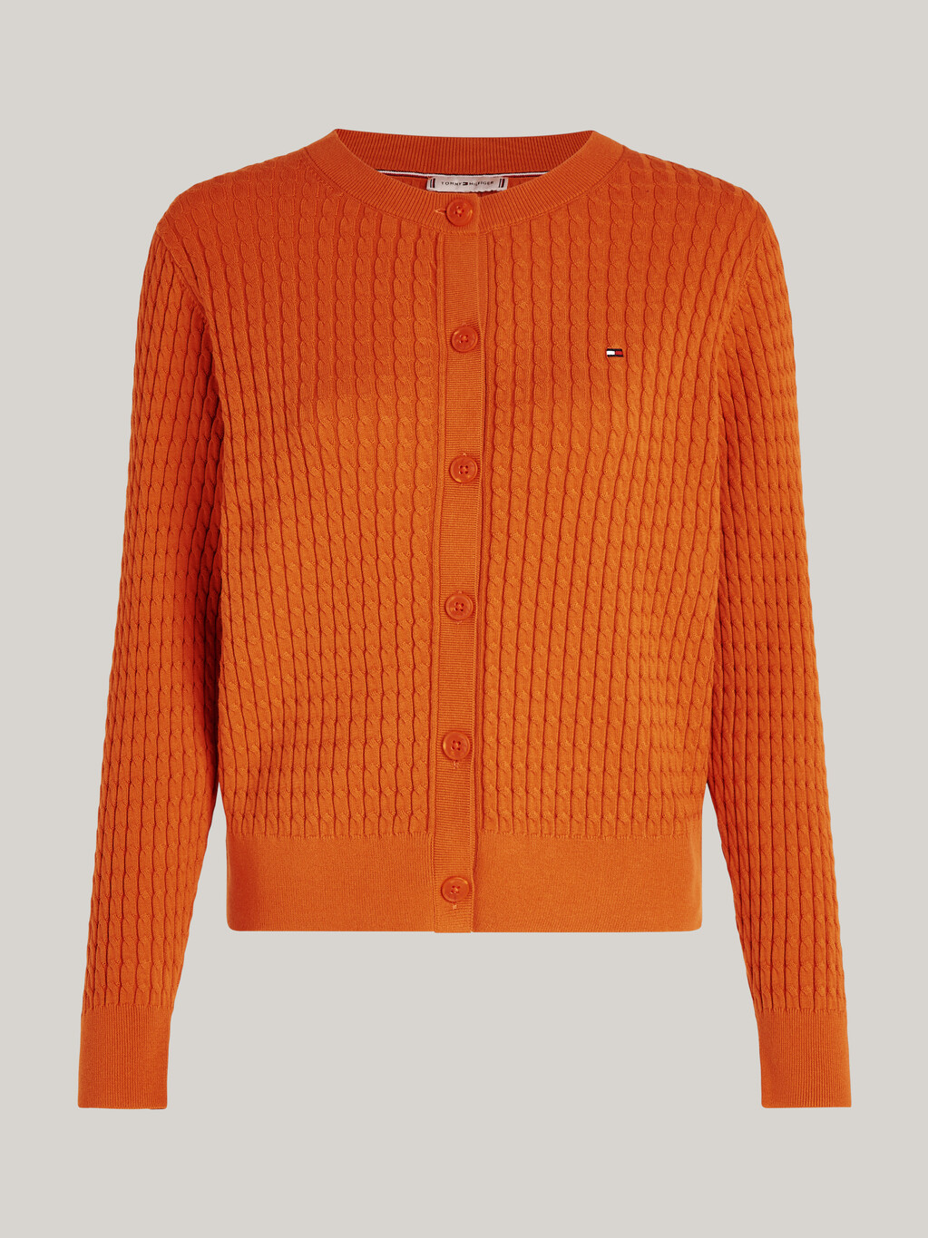 Cable Knit Round Neck Cardigan, Autumn Orange, hi-res