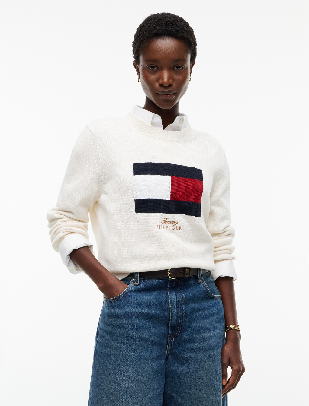 Intarsia Flag Crew Neck Jumper, Ivory Petal, hi-res