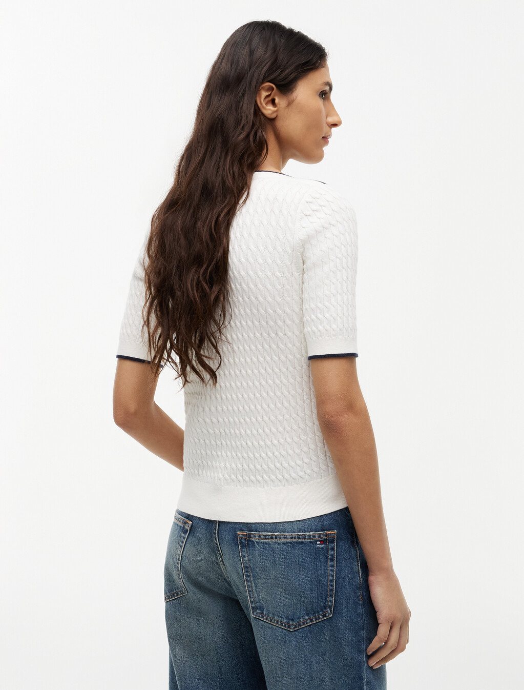 Cable Knit Boat Neck Short Sleeve Jumper, Ivory Petal, hi-res