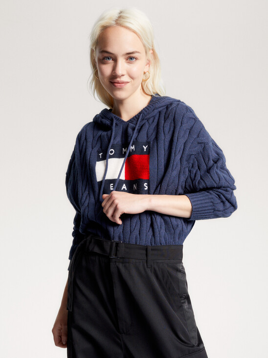Cropped Cable Knit Flag Badge Hoody