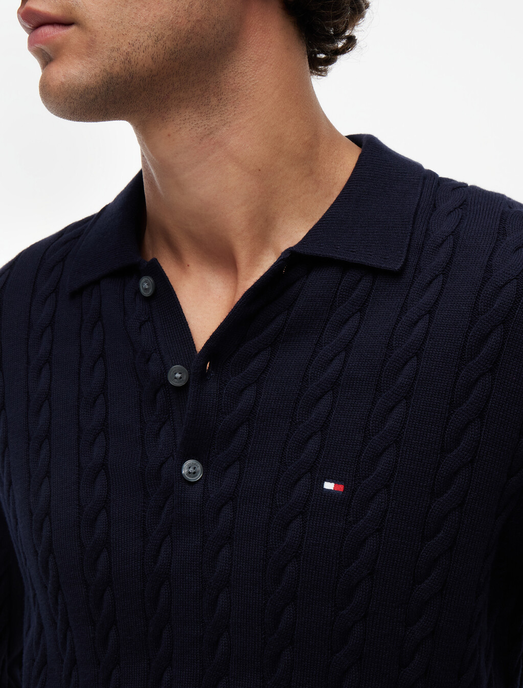 Cable Knit Polo Jumper, Desert Sky, hi-res
