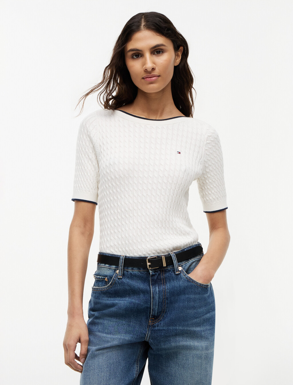 Cable Knit Boat Neck Short Sleeve Jumper, Ivory Petal, hi-res