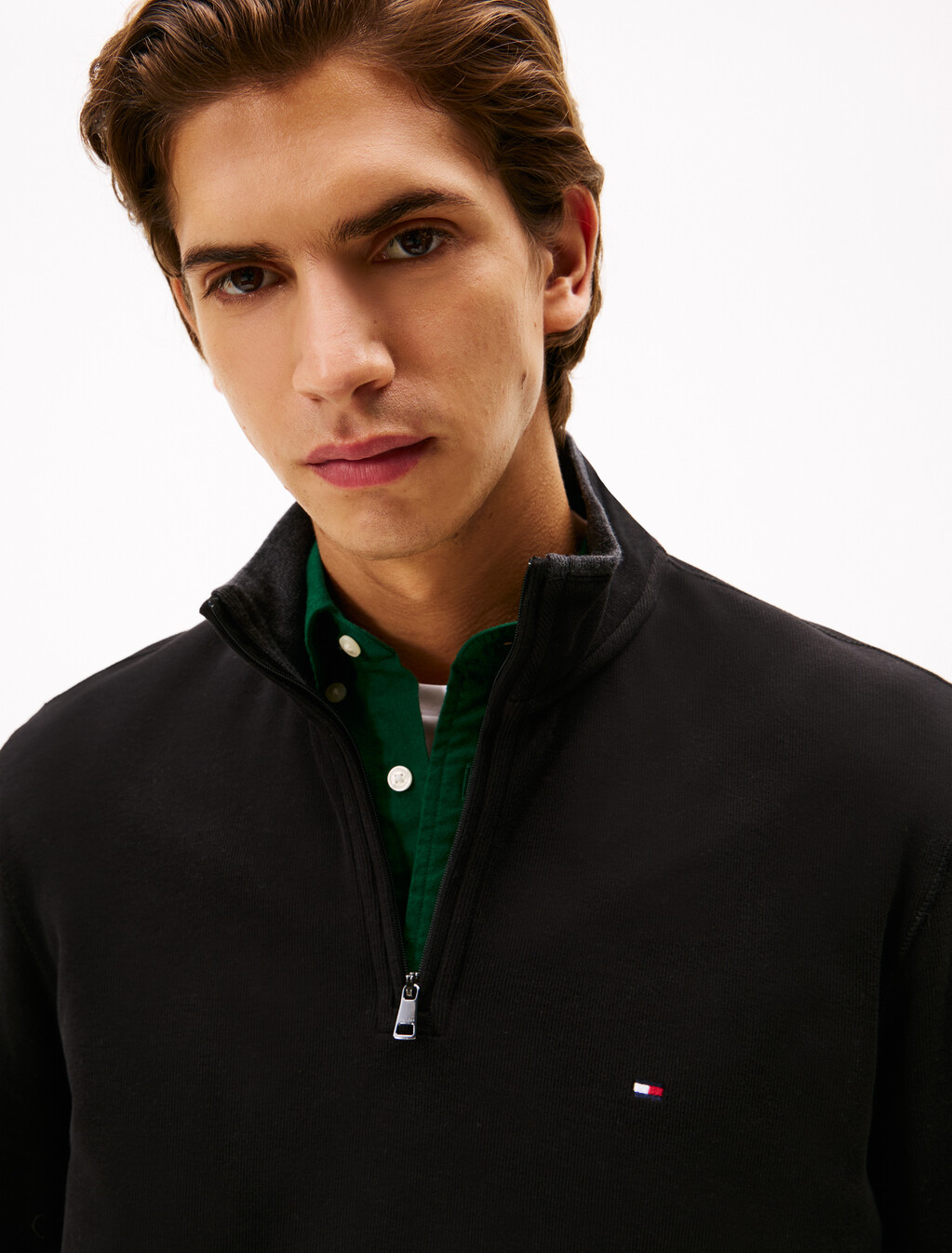 French Rib Knit 1/4 Zip Sweater, Black, hi-res