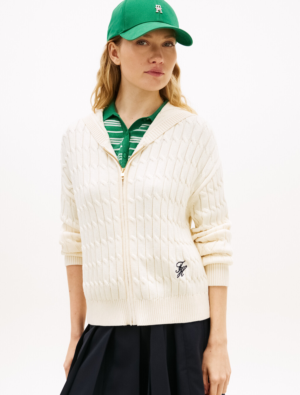 Cable Knit Zip Thru Hoodie, Calico, hi-res