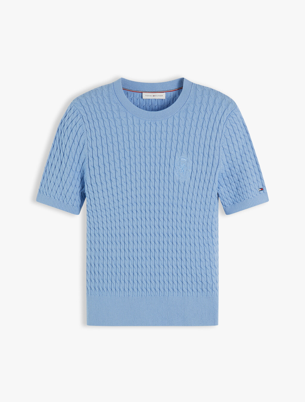 Cable Knit Crest Short Sleeve Jumper, Cloudy Blue, hi-res