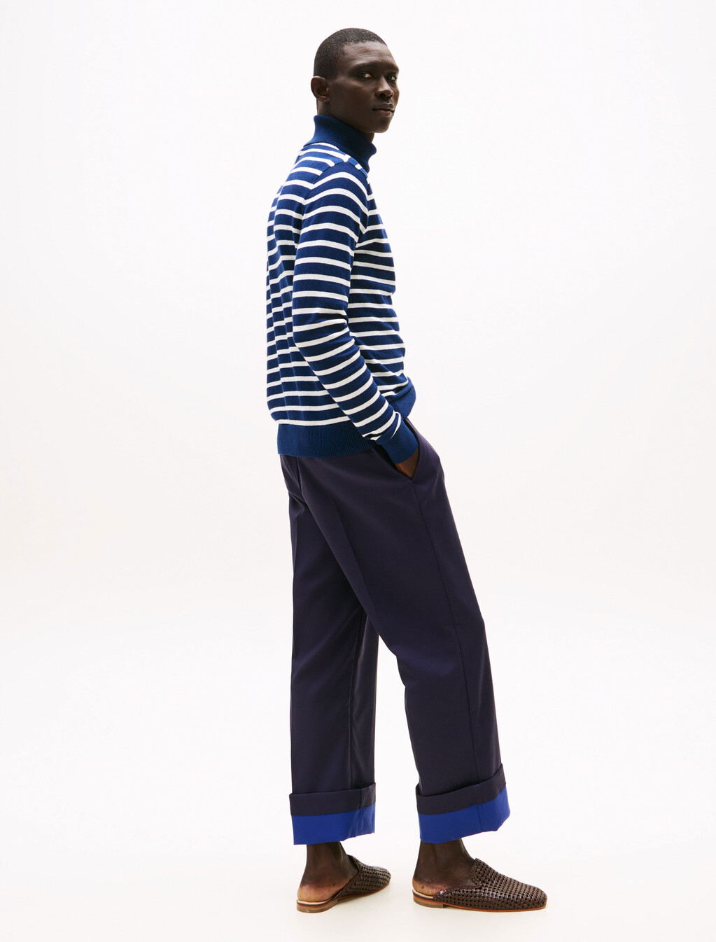 The Runway Collection Turtleneck Jumper With Cashmere, Carbon Navy / Ecru Stripe, hi-res