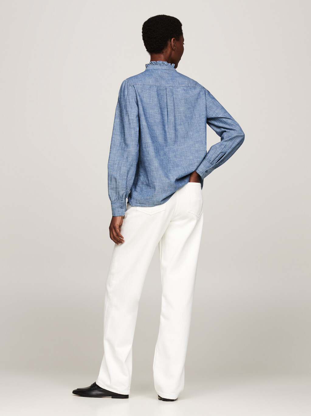 Ruffle Relaxed Chambray Shirt, Mid Blue Chambray, hi-res