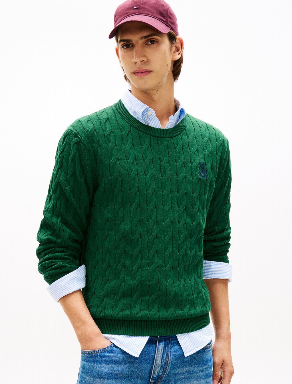 Cable Knit Crest Sweater, Ornamental Green, hi-res
