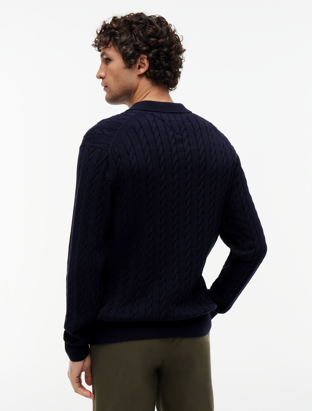 Cable Knit Polo Jumper, Desert Sky, hi-res