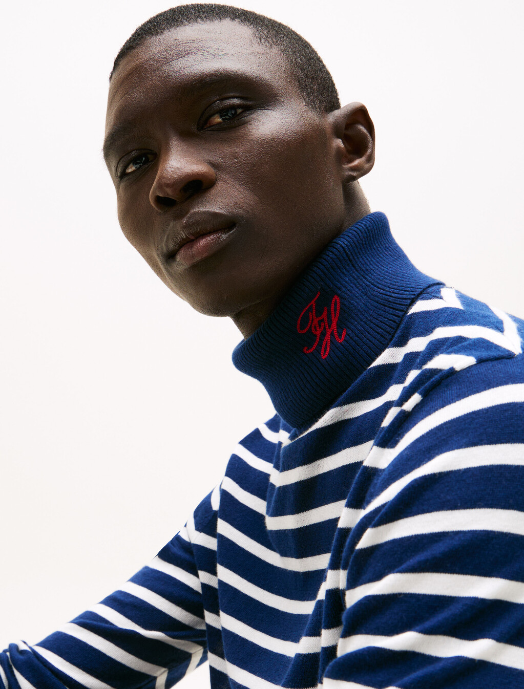 The Runway Collection Turtleneck Jumper With Cashmere, Carbon Navy / Ecru Stripe, hi-res