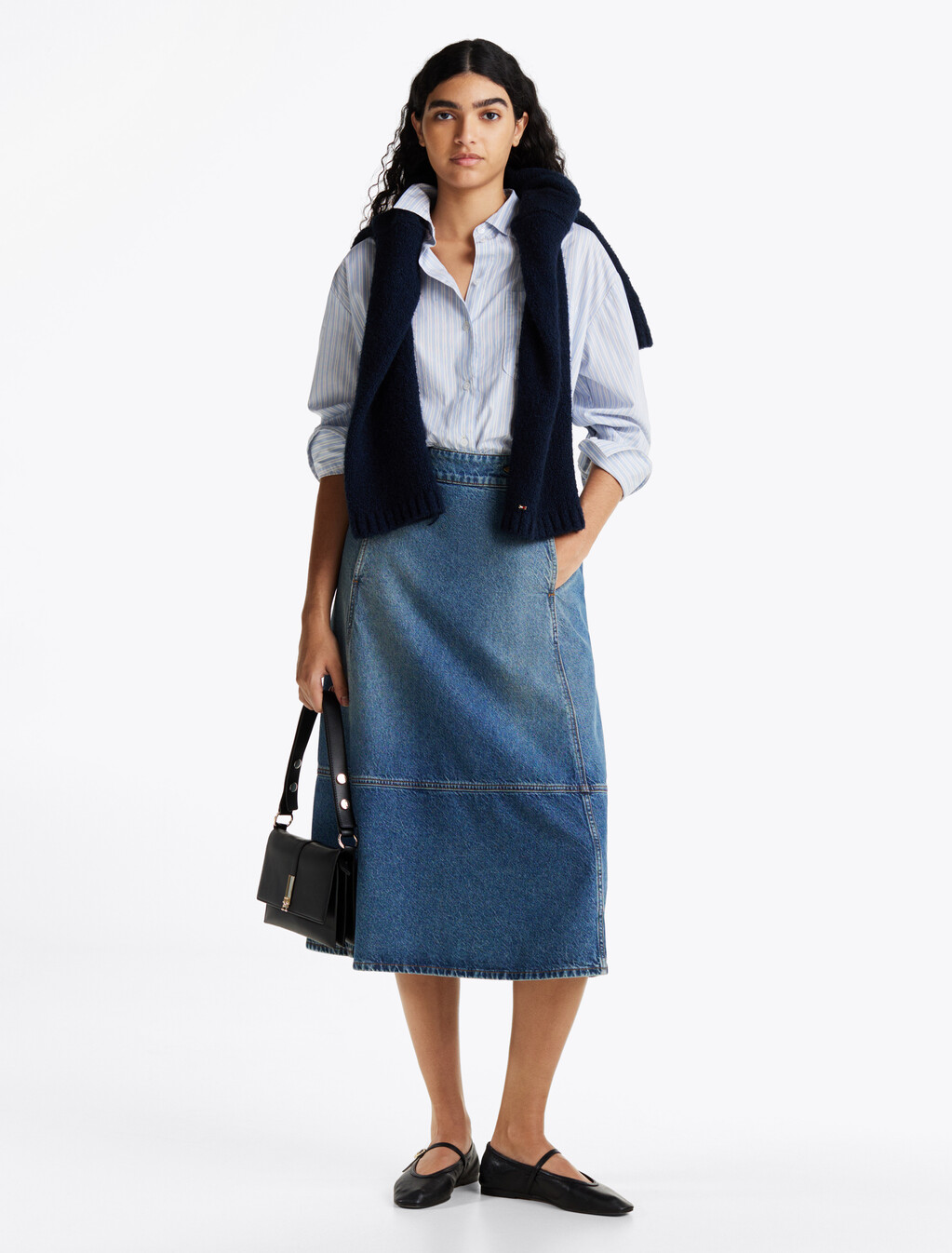 Leather Detail Denim A-Line Midi Skirt, Bo, hi-res