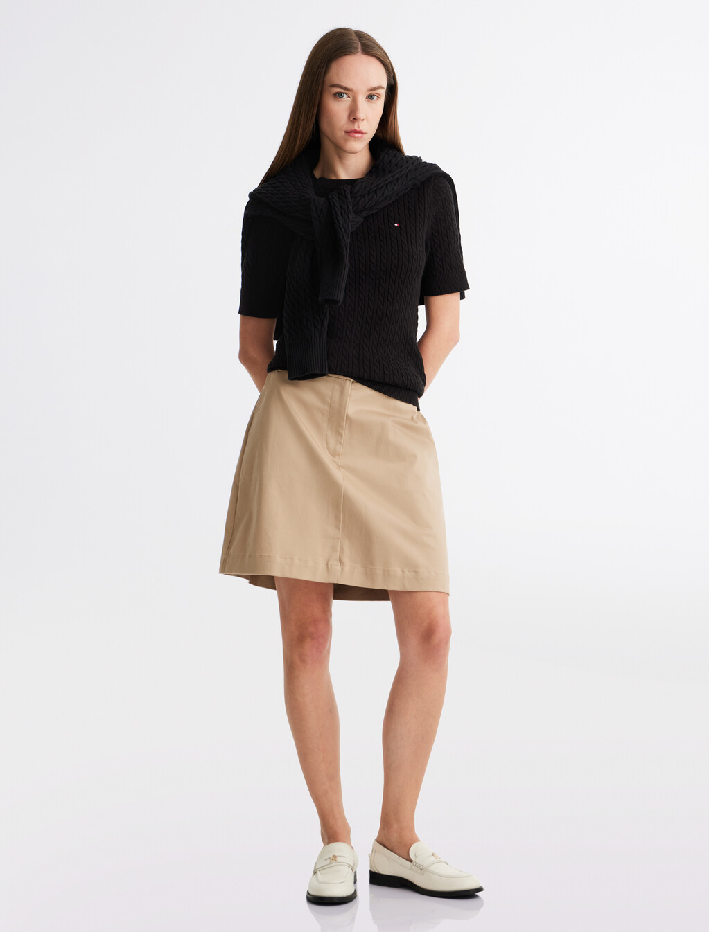 Cable Knit Short Sleeve Sweater, Black, hi-res