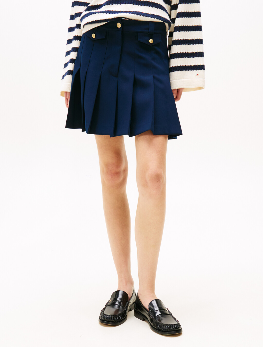 Gold-Tone Button Mini Pleated Skirt, Dark Night Navy, hi-res
