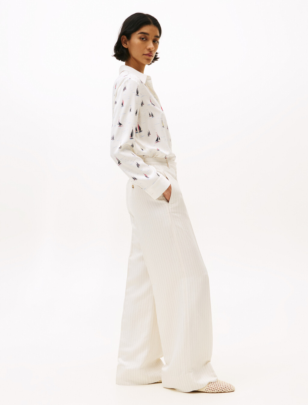 Wide Leg Trousers With Linen, Cream/ Grey Pinstripe Cw Fabric, hi-res